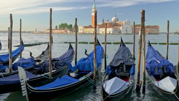 Venecia, Italia. Góndolas costeras cubiertas con lona azul. Basílica de San Marcos y campanario se ven en el fondo. Gimbal disparó. 4K, UHD — Vídeo de stock