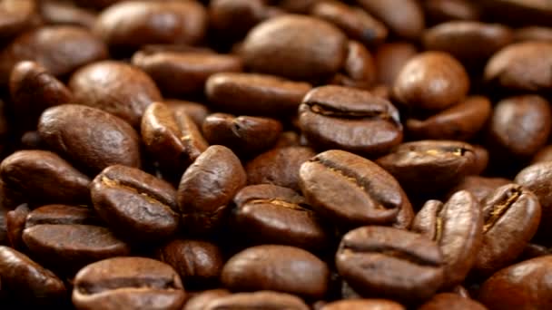 Kávébab háttér. Közeli kép: egy forgó tábla, tele barna pörkölt étvágygerjesztő szemes kávé. 4k — Stock videók