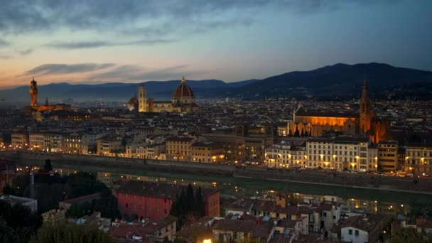 Florence, Italy. Panorama of the city just after sunset, shot from Piazzale Michelangelo square. 4K — Stock Video