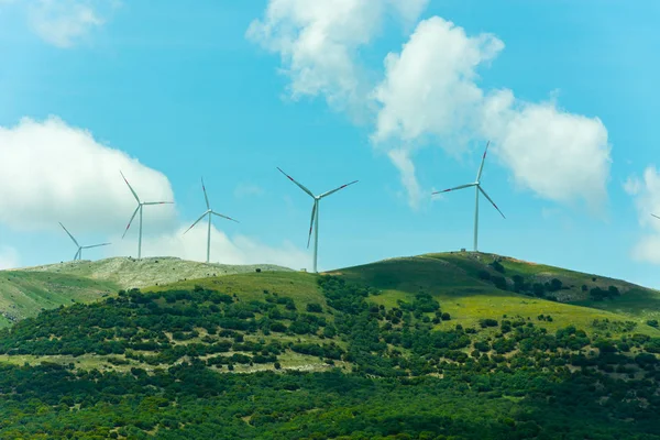Türkiye'de yeşil peyzaj ile çevrili tepelerde yel değirmenleri