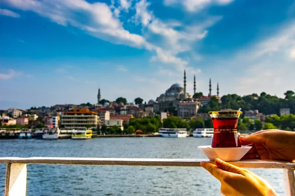 Turkish Tea Sea Istanbul Beautiful Background Istanbul City Blue Sky — Stock Photo, Image