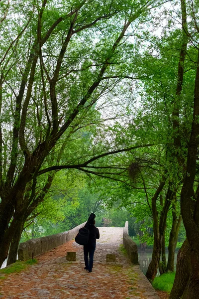 Young Man Carry Guitar Bag While Walking Alone Forest Enjoying — Stock Photo, Image