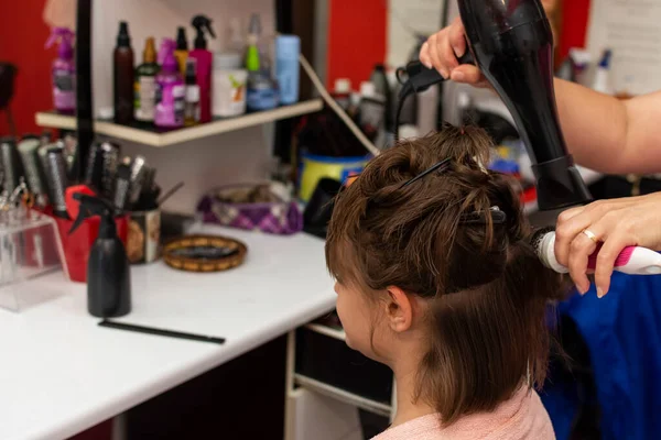 Beautiful Teen Girl Hairdresser Blow Drying Her Hair Cutting — Stock Photo, Image