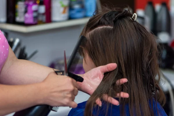 Επαγγελματική γυναίκα κομμώτρια κόβοντας τα μαλλιά κορίτσια στο σαλόνι — Φωτογραφία Αρχείου