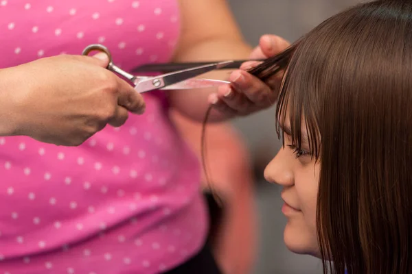 Professional female hairdresser cutting girls hair in salon — Stock Photo, Image