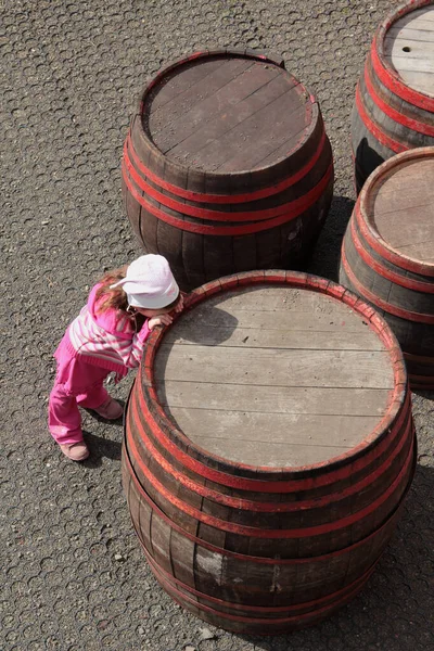 Sad Lonely Child Leaning Barrel — Stock Photo, Image