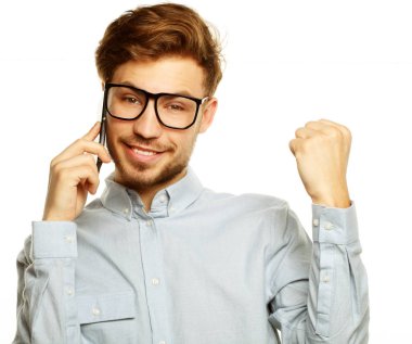  Duygusal adam beyaz arka plan üzerinde şanslı kazanan conce izole