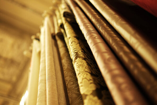Sale - colorful fabrics in the store. close up