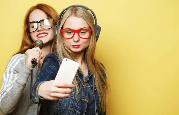 Twee meisjes met een microfoon zingen en plezier hebben samen, maken selfie — Stockfoto