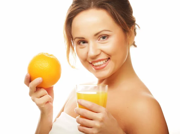 Healthy eating, food and diet concept -girl drinking orange juice — Stock Photo, Image