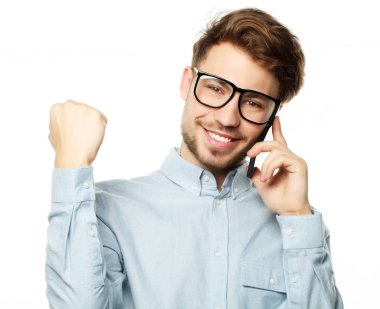  Duygusal adam beyaz arka plan üzerinde şanslı kazanan conce izole