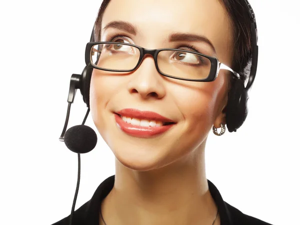 Potret pelanggan yang tersenyum mendukung pekerja telepon wanita, di atas latar belakang putih. Pusat panggilan konsultasi dan bantuan . — Stok Foto