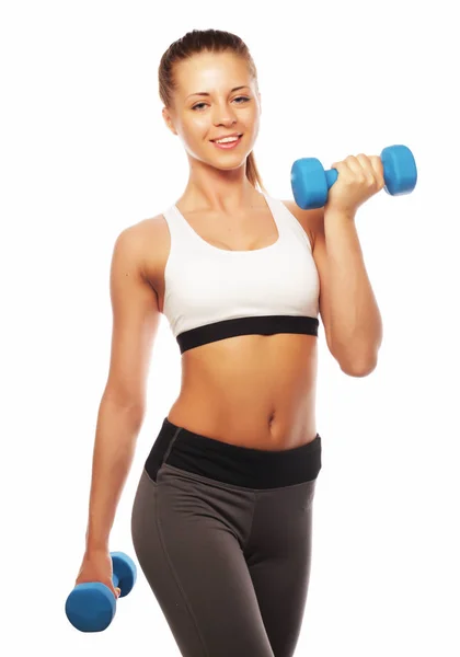 Sport, Fitness and People concept: Woman in sport equipment practice with hand weights isolated on white background — Stock Photo, Image