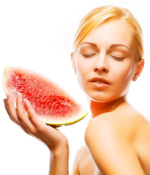 Beautiful young woman with water melon — Stock Photo, Image