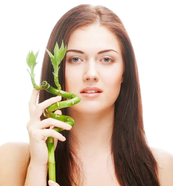 Jovem mulher com bambu sobre fundo branco — Fotografia de Stock