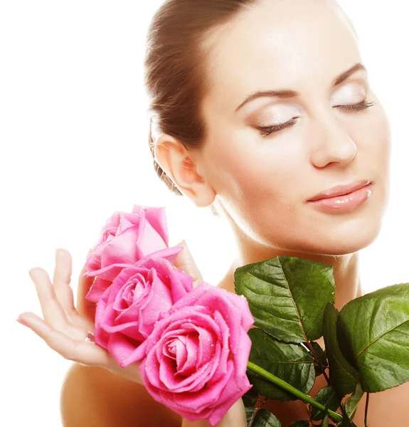 Mujer con rosas rosadas — Foto de Stock