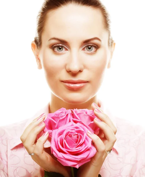 गुलाबी गुलाब असलेली स्त्री — स्टॉक फोटो, इमेज