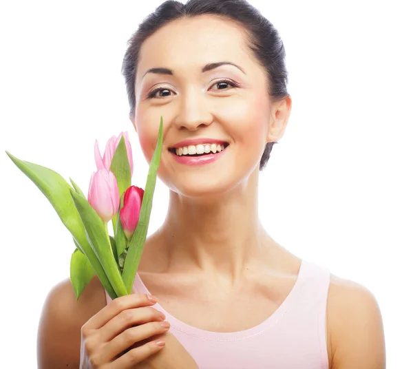 Young asian woman with tulips — Stock Photo, Image
