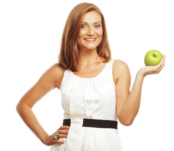 Mujer feliz con manzana verde — Foto de Stock