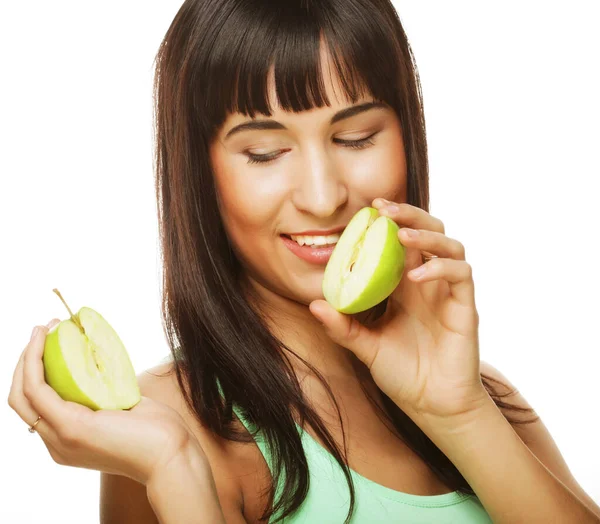 Joven mujer feliz sosteniendo manzanas verdes. —  Fotos de Stock