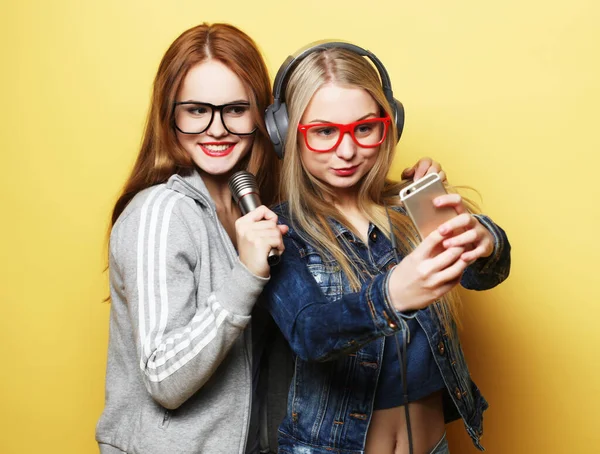 Dos chicas con un micrófono cantando y divirtiéndose juntas, hacer selfie — Foto de Stock