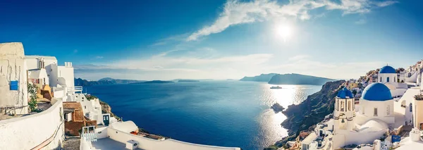 Churches Oia Santorini Island Greece Sunny Day Panorama View — Stock Photo, Image