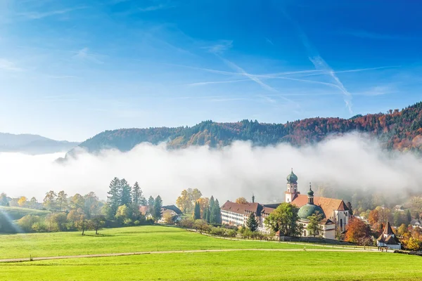 Scenic Foggy Mountain Landscape Old Monastery Black Forest Germany Colorful — Stock Photo, Image