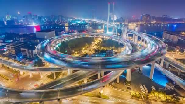 Vista Aerea Panoramica Sul Famoso Ponte Shanghai Cina Notte Timelapse — Video Stock