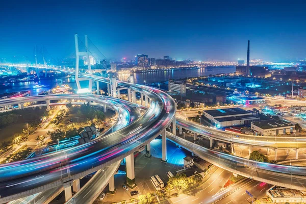 Vyhlídkový Pohled Slavný Most Šanghaji Večer Číně Panoramatový Noční Čas — Stock fotografie