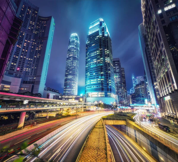 Noční Krajinu Hongkongu Mrakodrapy Dálnicemi Vyhlídkové Cestování — Stock fotografie