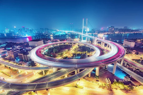 Vyhlídkový Pohled Slavný Most Šanghaji Večer Číně Fantastický Noční Panorama — Stock fotografie