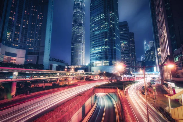 Malebná Panorama Centra Hong Kongu Mrakodrapy Dálnicemi Noci Pestré Cestovní — Stock fotografie