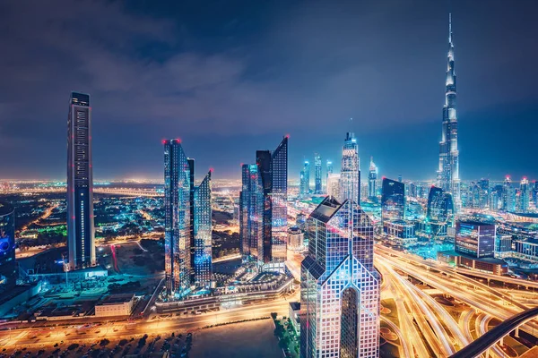 Spektakuläre Nächtliche Skyline Einer Modernen Großstadt Dubai Uae Luftaufnahme Von — Stockfoto