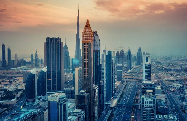 Vista Aérea Los Rascacielos Dubai Emiratos Árabes Unidos Atardecer Paisaje — Foto de Stock