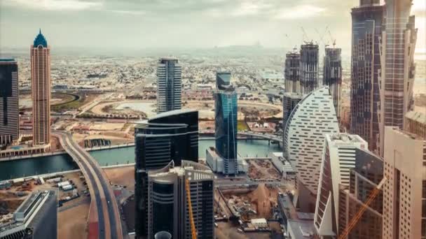 Dzienne Panoramę Dużego Futurystycznego Miasta Wieżowce Dubaju Upływ Czasu — Wideo stockowe