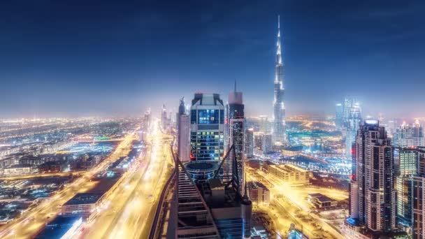 Vista Aérea Panorâmica Centro Dubai Arranha Céus Rodovias Intervalo Tempo — Vídeo de Stock