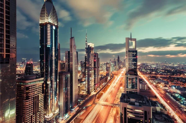 Scenic Dubai downtown architecture in the evening.