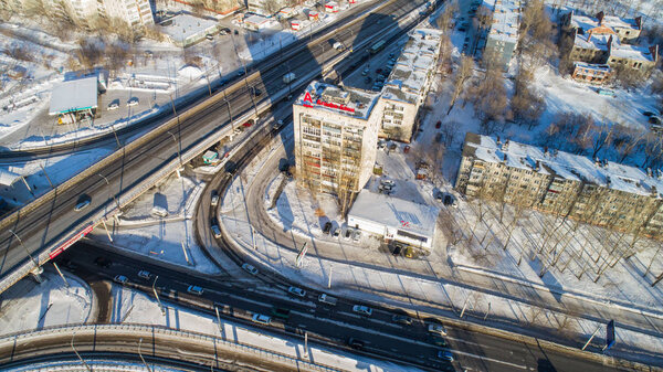Khabarovsk road junction . the view from the top. taken by drone. prospect 60 years of October . winter