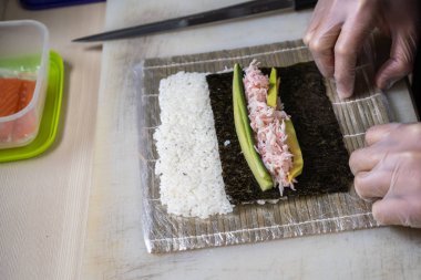 Japon suşisi yapan el yapımı bir aşçı. Japon şef işteki lezzetli suşi rulosunu yılan balığı ve avokado ile hazırlıyor. Japon yemekleri iştah açıcı..