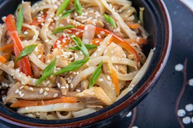 Japon ramen çorba, tavuk, yumurta, chives ve koyu ahşap arka plan üzerinde Filiz.