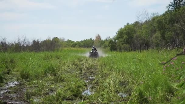 Guidare ATV attraverso palude, acqua, fango e fango. rallentatore — Video Stock