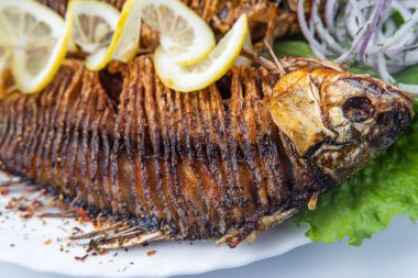 beyaz üzerine beyaz tabak ızgara sazan balık