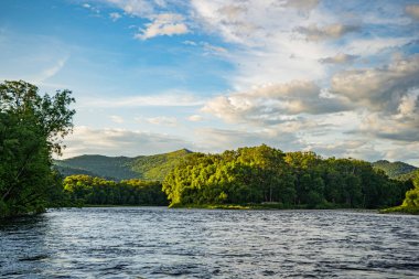 Dağ Nehri Vadisi Anyuy. Rusya 'nın uzak doğusundaki Khabarovsk toprakları. Anyui nehrinin manzarası çok güzel. Anyu Milli Parkı. Rusya Taiga 'daki peyzaj nehri.