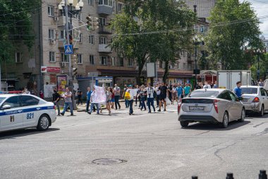 KHABAROVSK, RUSSIA - 11 Temmuz 2020: Furgal Sergey Ivanovich. Khabarovsk bölgesinin valisini desteklemek için grev.