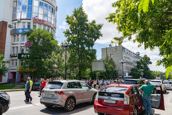 Хабаровск, Россия - 11 июля 2020 года: Фургал Сергей Иванович. Пикет в поддержку губернатора Хабаровского края