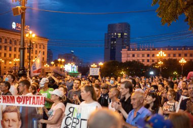 KHABAROVSK, RUSSIA - 25 Temmuz 2020: Furgal Sergey Ivanovich. Khabarovsk bölgesinin valisini desteklemek için grev. Yukarıdan görünüm
