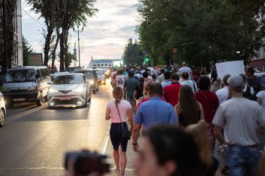 KHABAROVSK, RUSSIA - 25 Temmuz 2020: Furgal Sergey Ivanovich. Khabarovsk bölgesinin valisini desteklemek için grev. Yukarıdan görünüm