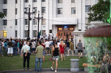 KHABAROVSK, RUSSIA - 25 Temmuz 2020: Furgal Sergey Ivanovich. Khabarovsk bölgesinin valisini desteklemek için grev. Yukarıdan görünüm