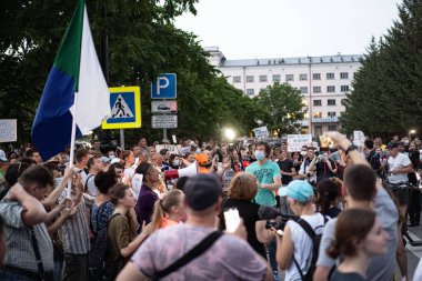KHABAROVSK, RUSSIA - 25 Temmuz 2020: Furgal Sergey Ivanovich. Khabarovsk bölgesinin valisini desteklemek için grev. Yukarıdan görünüm