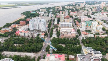 KHABAROVSK, RUSSIA - 25 Temmuz 2020: Furgal Sergey Ivanovich. Khabarovsk bölgesinin valisini desteklemek için grev. tepeden görünüm